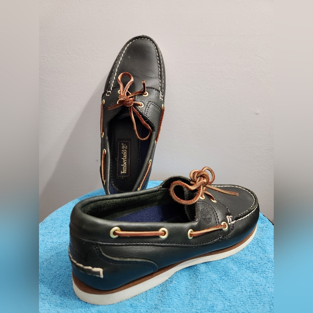 Timberland loafers leather size 8 men's 2-eye boat  shoe deck slip on Navy blue